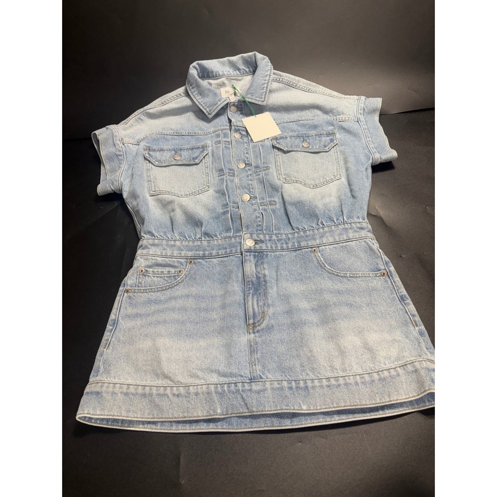 Pistola Light Wash Denim Utility Mini Dress Short Sleeve Button Front Small